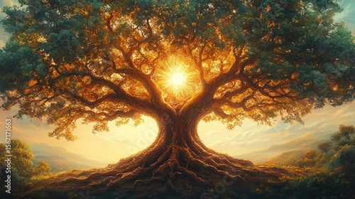 Ancient, majestic tree with sun shining through its center