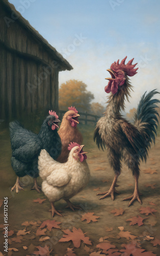 A proud rooster struts and crows, oblivious to the amused hens. A sharp metaphor for narcissism, empty posturing, and trying too hard to impress — only to become a joke.
