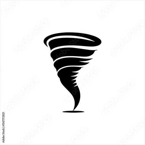 A stylized black and white illustration of a powerful swirling tornado.