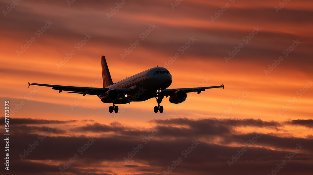 A stunning airplane silhouette against a colorful sunset sky, with clouds illuminated by warm hues. A stunning airplane silhouette against a colorful sunset sky, with clouds illuminated by warm hues.