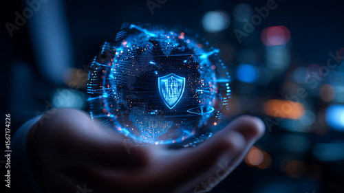 Global information security sphere protected by rotating digital shield within business hands.
