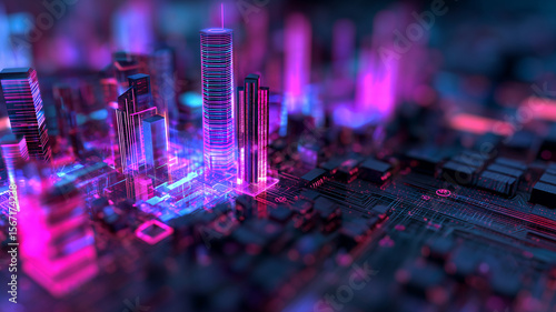 Vibrant neon smart city emerging from electronic circuit board representing urban technology fusion.
