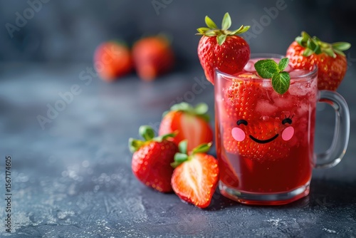 Wallpaper Mural Detailed Picture of a Cup of Strawberry Juice with a Smiley Face and a Strawberry in it Torontodigital.ca