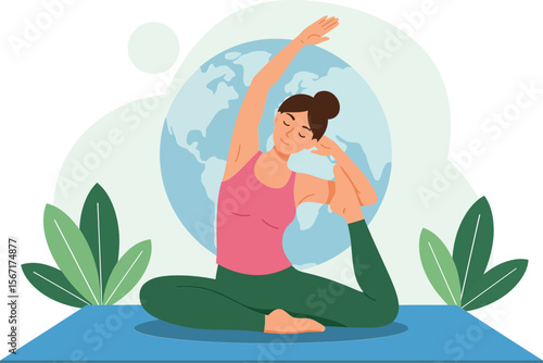 Woman practicing yoga meditation on blue mat with globe and green plants background vector illustration