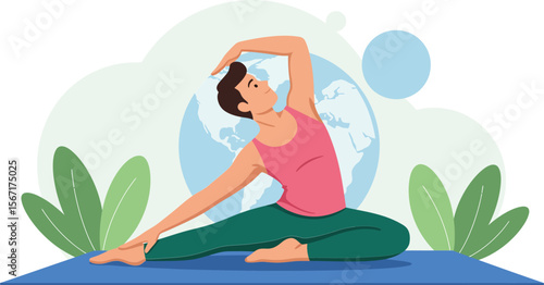 Woman practicing yoga stretching on mat with globe background and green leaves vector illustration