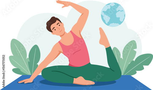 Woman practicing yoga stretching exercises on mat with globe and green leaves vector illustration