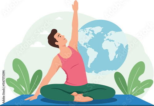 Woman practicing yoga with globe background for environmental awareness and mindfulness vector illustration