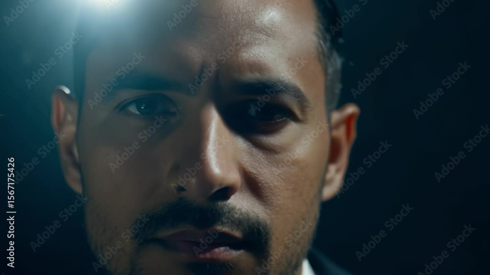 Serious businessman staring at camera in dark room Serious businessman staring at camera in dark room