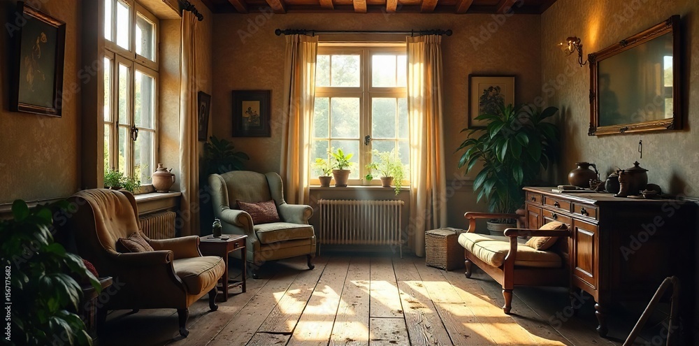 Naklejka premium Sunlit Vintage Living Room Antique Furniture, Worn Wooden Floors, Calm and Nostalgic Atmosphere