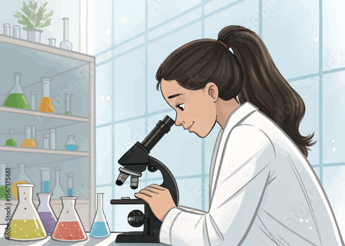 Illustration of scientist using microscope in lab for scientific research and analysis