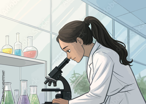 Woman scientist using microscope in lab for research and analysis scientific experiment and discovery