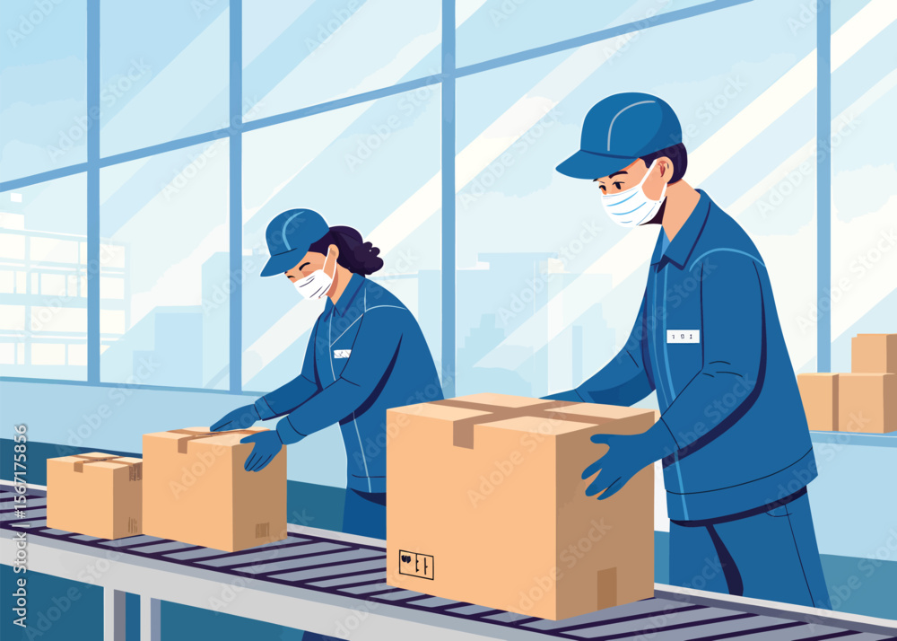 Factory workers wearing masks packaging boxes on conveyor belt illustration vector design art Factory workers wearing masks packaging boxes on conveyor belt illustration vector design art