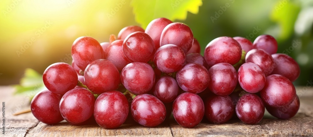 Luscious abundance: Close-up of sunlit ripe red grapes on rustic wooden surface Luscious abundance: Close-up of sunlit ripe red grapes on rustic wooden surface