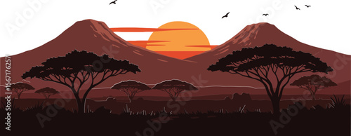 African savanna landscape with sunset behind mountains and acacia trees vector illustration