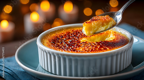 Macro shot of a caramelized creme brulee surface cracked open with a spoon, blurred elegant restaurant setting, soft warm lighting