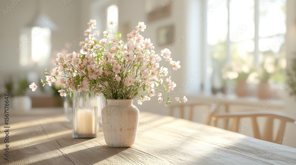 A light-filled room's wooden table holds a vase of delicate pink blossoms, bathed in warm sunlight, accompanied by candles; a serene, minimalist domestic scene A light-filled room's wooden table holds a vase of delicate pink blossoms, bathed in warm sunlight, accompanied by candles; a serene, minimalist domestic scene