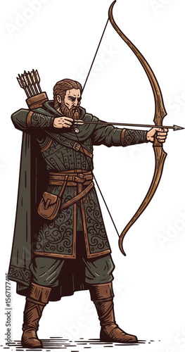 Medieval archer with bow and arrow aiming target in detailed armor and cloak vector illustration