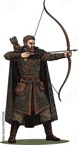 Medieval archer in detailed armor drawing longbow with arrow aiming target vector illustration