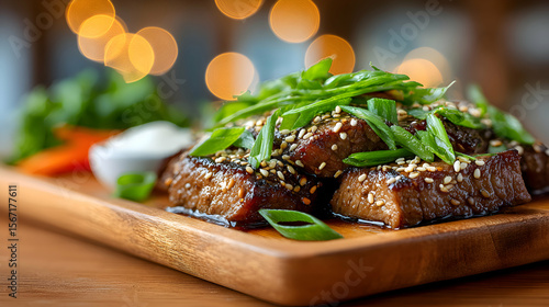 Macro image of tender bulgogi beef slices garnished with sesame seeds and green onions on a wooden platter, blurred restaurant table