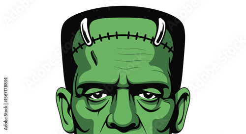 Green monster face with stitched forehead and protruding bolts for Halloween  