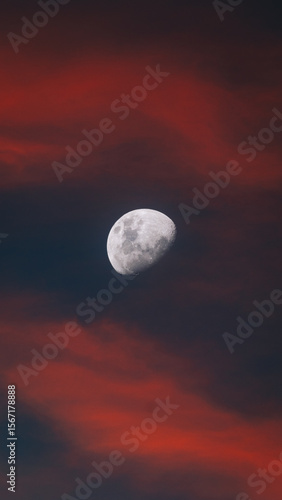 Photos Sharp moon in a red and dark cloudy sky at dusk.