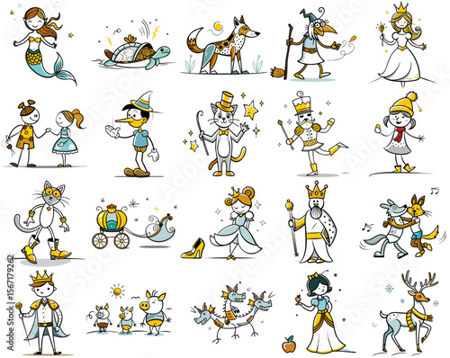 Colorful cartoon characters in various playful poses on transparent background