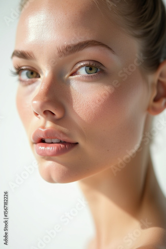 Glass skin: close up of young model with dewy skin complexion and radiant glow after beauty skin care treatment