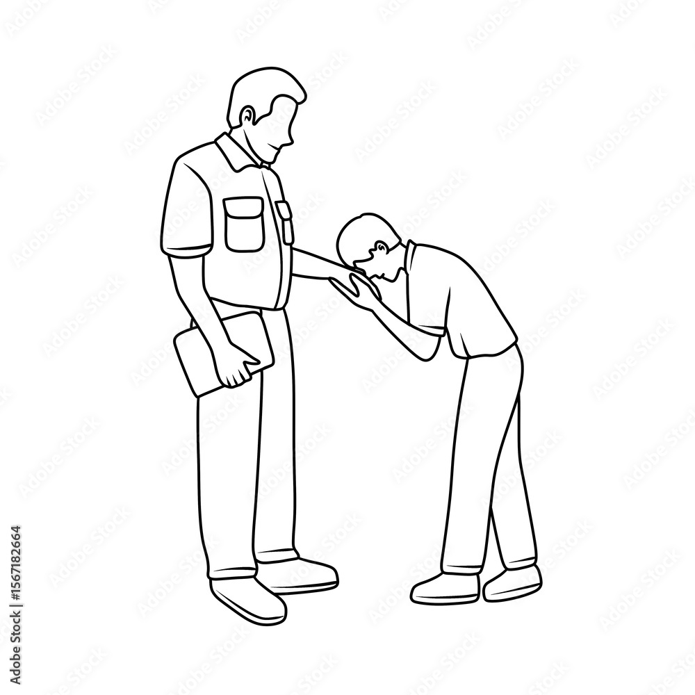 Obraz premium Man kisses teacher's hand. Thin Line Illustration.
