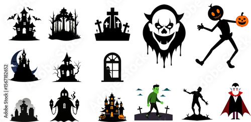 Halloween Silhouette Icons: Spooky Castle, Creepy Forest, Ghost, Vampire, Zombie, and Jack-o'-Lantern Graphics.