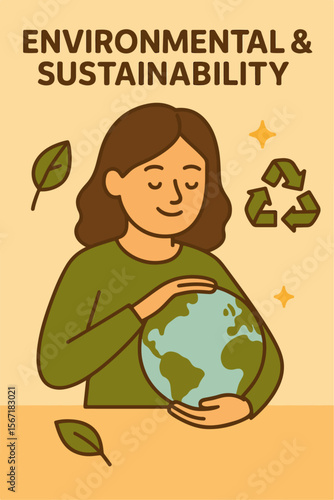 Flat illustration showing a woman embracing Earth, symbolizing environmental care, sustainability, and eco-conscious living. Includes recycle symbol, leaves, and green energy concept. Ideal for eco