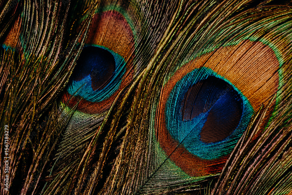 Fototapeta premium Multiple peacock feathers arranged as soft decorative background. Natural exotic