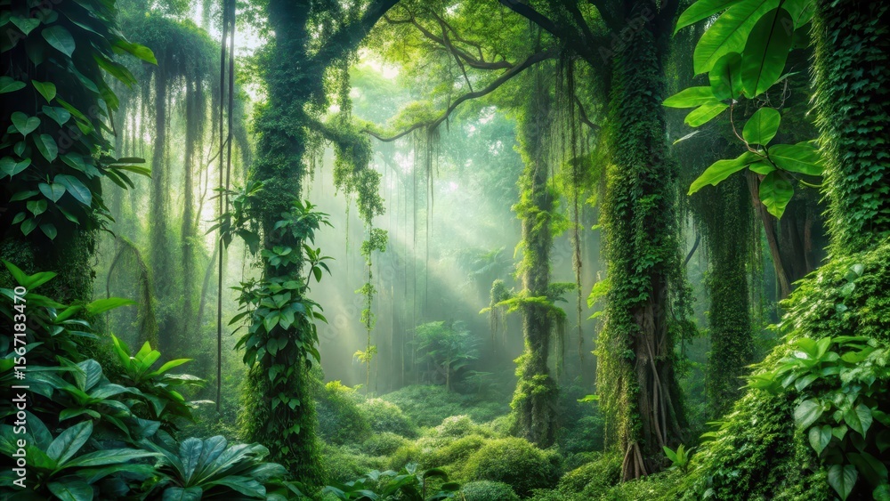 Fototapeta premium Dense jungle with vines hanging from the trees and thick undergrowth in shades of green, verdant surroundings , green foliage