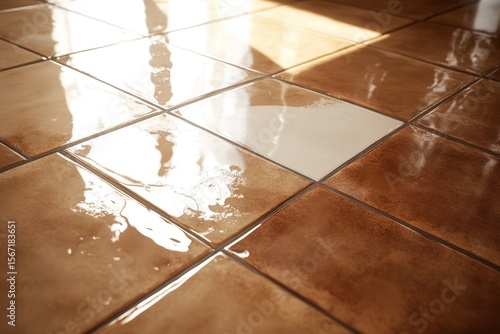 Wallpaper Mural Close-up view of shiny tiled floor with water puddle reflecting sunlight in a bright room Torontodigital.ca