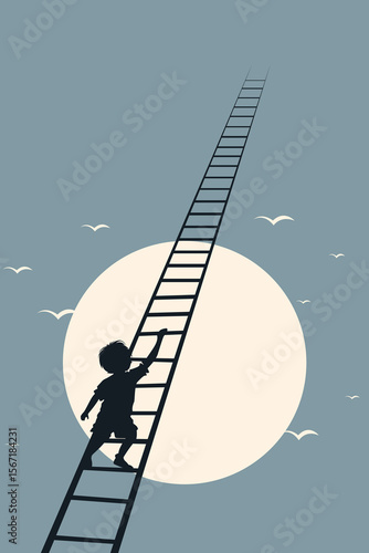 Child, Boy, Girl, Hyperactive, Play, Ladder, Stairs, Tree, Nature, Running, Climbing, Moon, Stars, Sun, Vector, Artwork