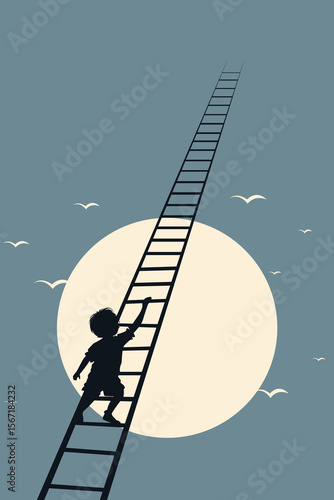 Child, Boy, Girl, Hyperactive, Play, Ladder, Stairs, Tree, Nature, Running, Climbing, Moon, Stars, Sun, Vector, Artwork