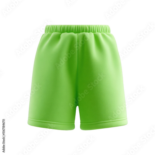 A pair of bright green athletic shorts with an elastic waistband on black background