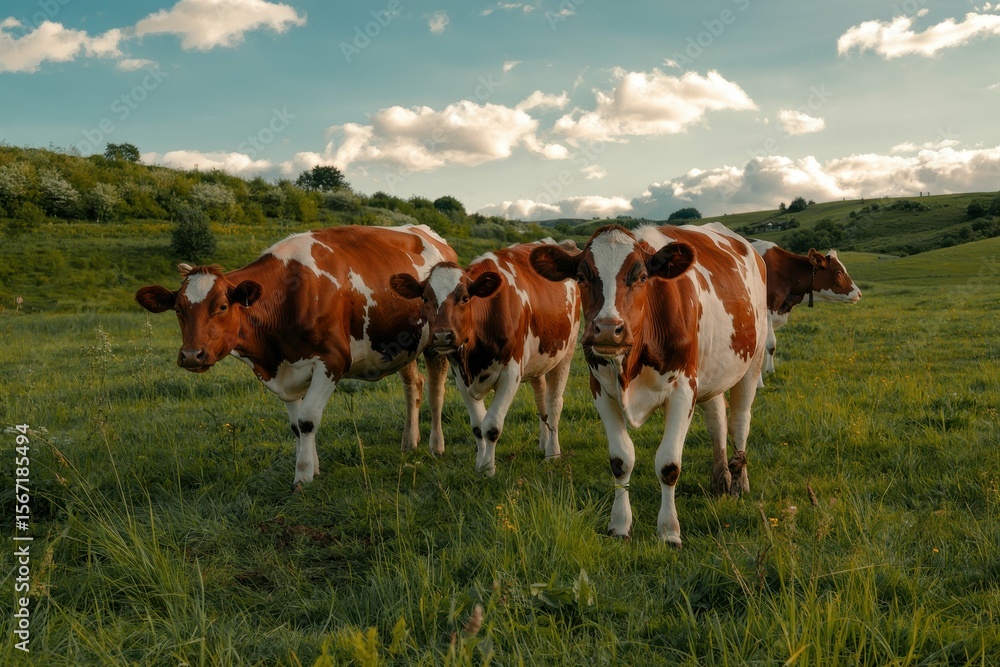 A photograph of a serene pastoral landscape featuring a small herd of brown and white Holstein cows grazing peacefully in a vibrant green meadow A photograph of a serene pastoral landscape featuring a small herd of brown and white Holstein cows grazing peacefully in a vibrant green meadow