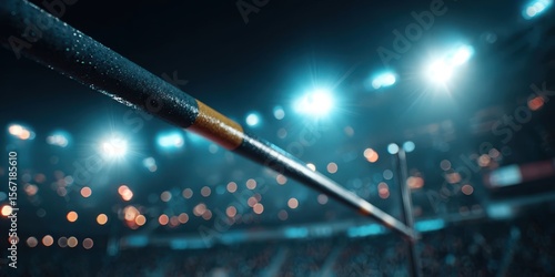 Professional Pole Vaulter Training at Night in Stadium with Soft Focus Effect