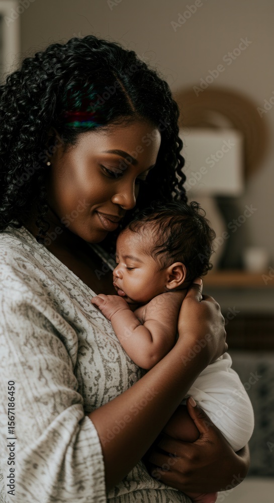 Obraz premium African american mother is holding her newborn baby with love and care