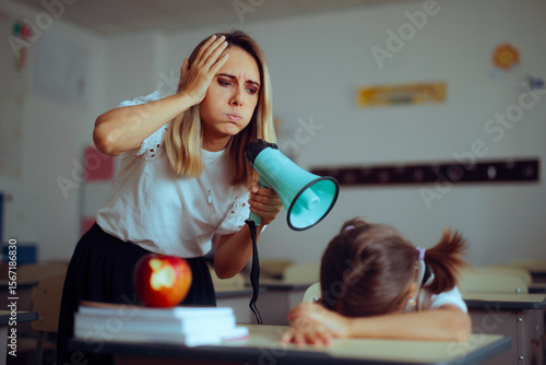 Фотография Frustrated Teacher Using a Loudspeaker to Wake her Student