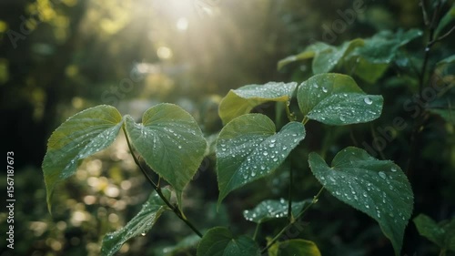AI-generated close-up of Kawakawa or Kava plant leaves glowing in soft forest light