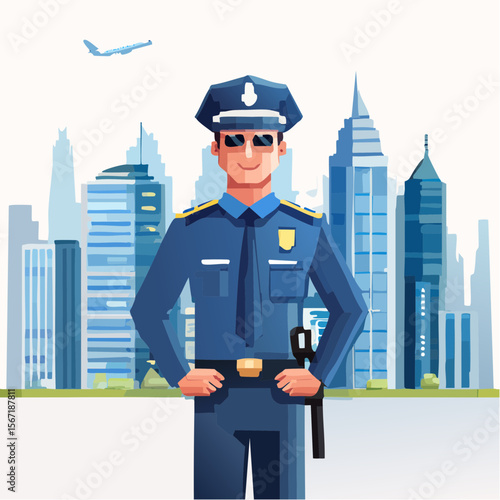 Policier les mains sur le ceinturon, de face, ville en arrière plan, lunettes de soleil