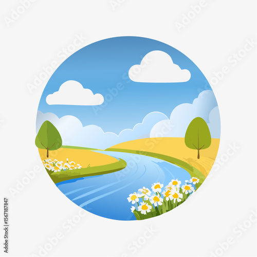 Paysage de campagne, arbres, nature, été, frais, rivière, fleurs, ciel bleu et beaux nuages blancs éparses