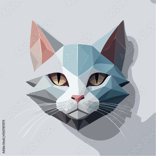 Tête de chat en 3d, polygones, gris bleuté, fond blanc