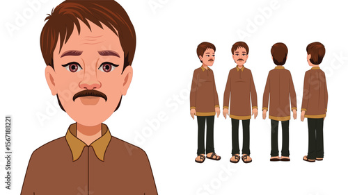 Cartoon Vector Illustration of Indian Village Man in Traditional Attire – Rural Character Standing Pose