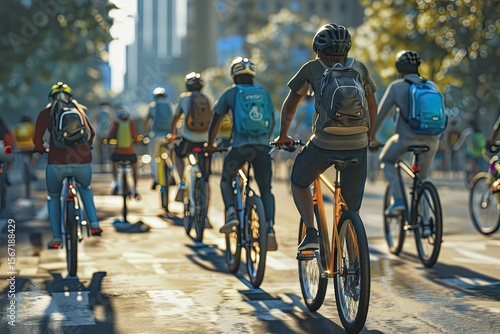 Clear Pixel Visual of Urban Commute Diverse Cyclists in Casual Downtown Street Scene