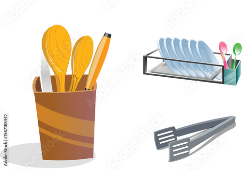 Kitchen Utensils, Plates, and Serving Tongs
