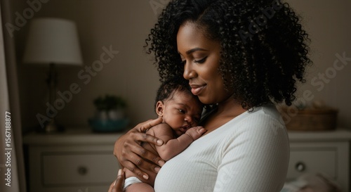 Loving mother is holding her newborn baby tenderly in her arms