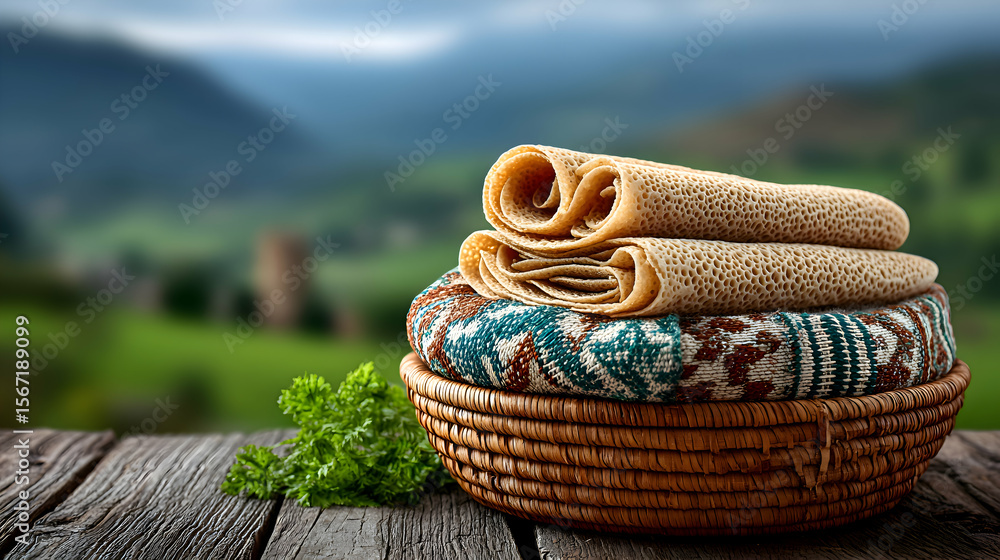 Obraz premium Injera bread stacked on basket with woven cloth, blurred countryside setting