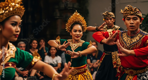 Captivating traditional Balinese dancers perform a cultural show in vibrant, ornate costumes, showcasing intricate hand movements and expressions to an attentive audience.
